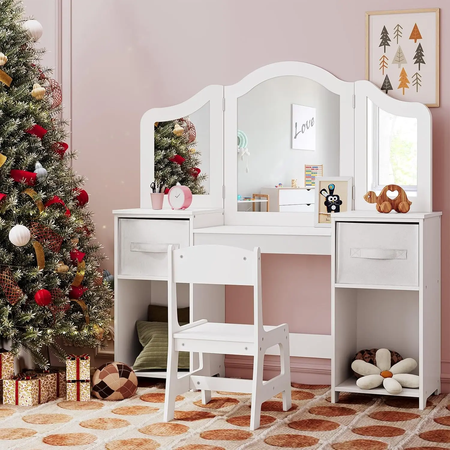 Arlopu Kids Vanity Set, Makeup Table For Little Girl With Tri-Folding Mirror And Stool, Wooden Toddlers Princess Dressing Table