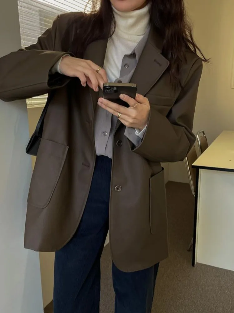 Chic automne hiver ort PU cuir Jaet femmes coupe ample longue Sve costume col manteau avec grands kets vêtements d'extérieur à la mode