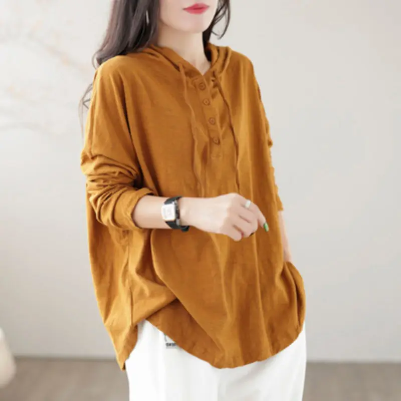 Women's Loose Casual Hooded Sweatshirt Retro Bamboo Joint Cotton Long-sleeved T-shirt Top