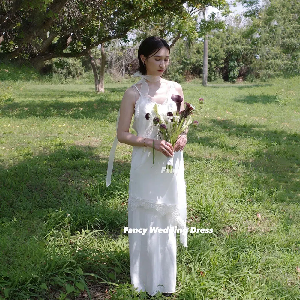 Fancy Simple Sexy Lace Evening Dress A Line Imitation Silk Korea Wedding Dress Sleeveless Customized