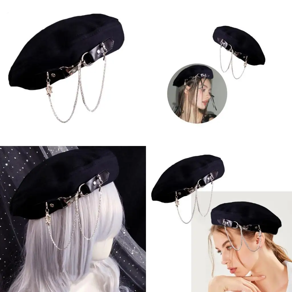 

39BD Unisex Dark Cabbie Hat with Chain Painter Hat for Photography Props Dark