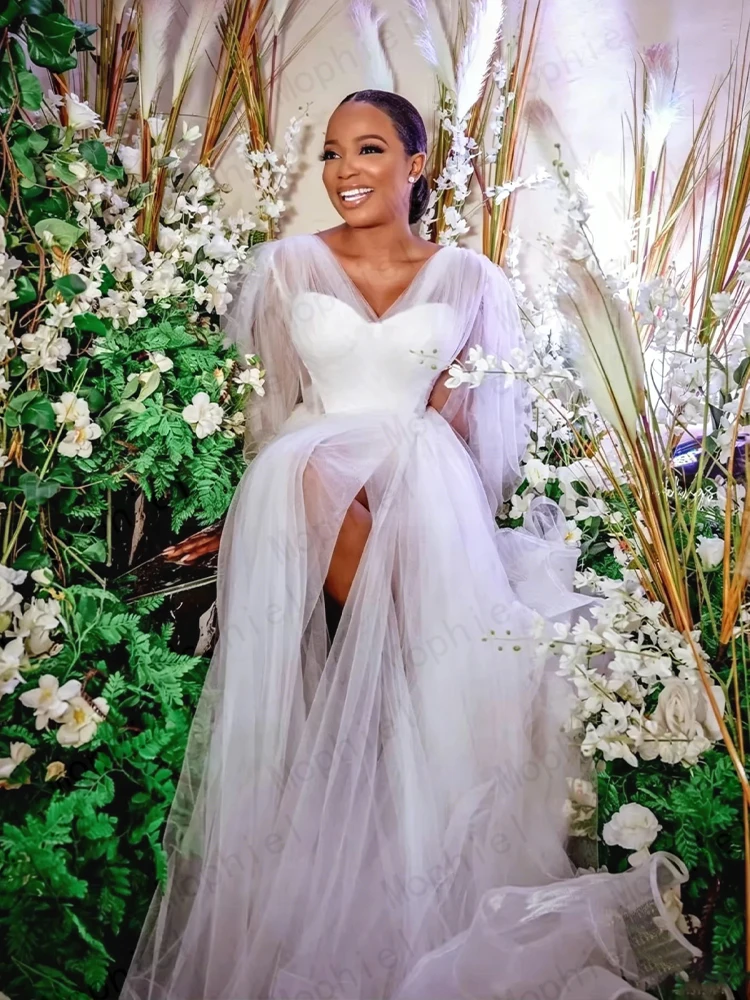 African Wedding Dresses V Neck Long Sleeve Tulle White Bride Dress Said Split Nigeria Women Bridal Shower Party Gown Customized