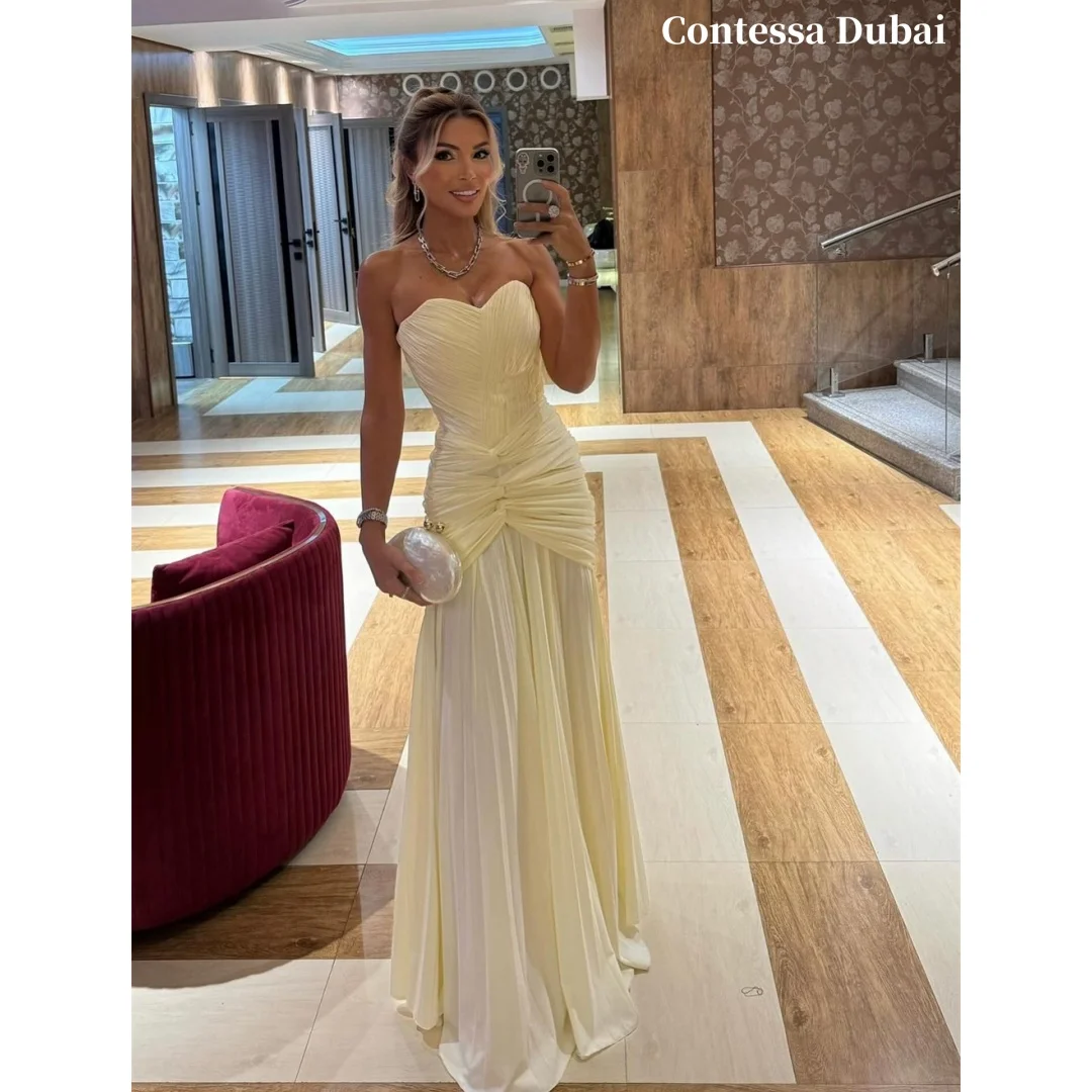 Contessa Custom Sweetheart Neck Strapless Prom Dresses Sheath Multilayer Pleats Vestidos De Noche Floor-Length Formal Evening