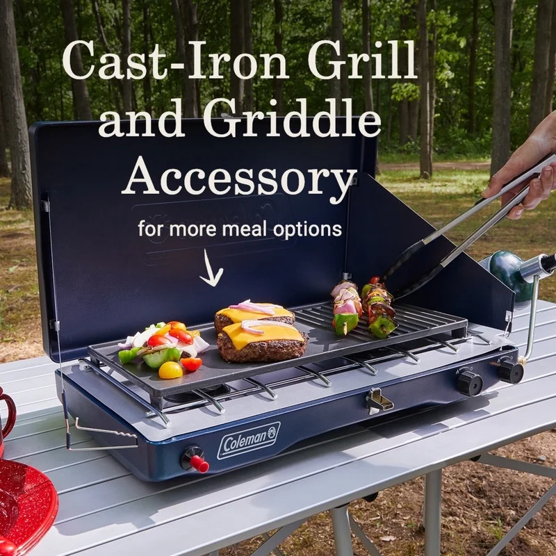 Classic 3-in-1 Camping Stove Portable 2 Burner Griddle Grill Removable Accessories Adjustable Temperature Control Wind Guards