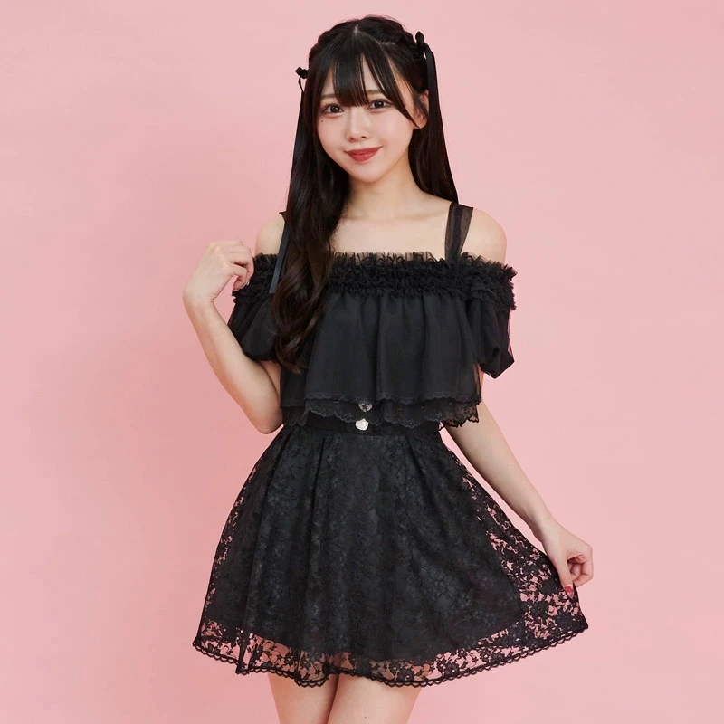 Japanese Lace Stitching Wooden Ear Hollow Out Off-Shoulder Fake Two-Piece Sweet Lolita Princess Inner Shirt for Women Summer