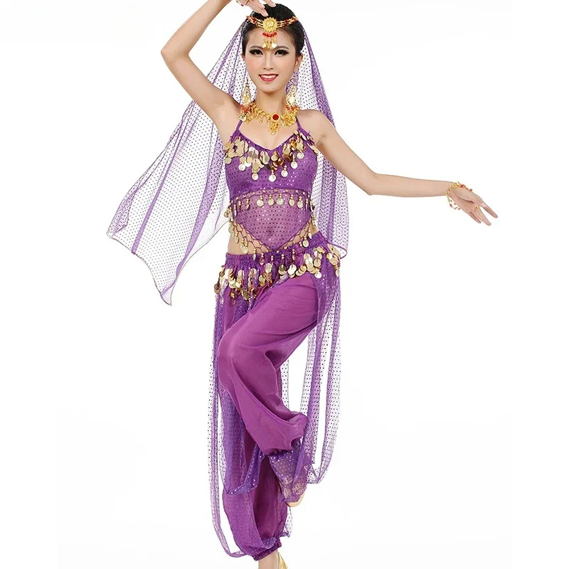 Women's Belly Dance Costume Indian Arabian Stage Coin Lace Back Top Harlan Pants Halloween Costume Role Play