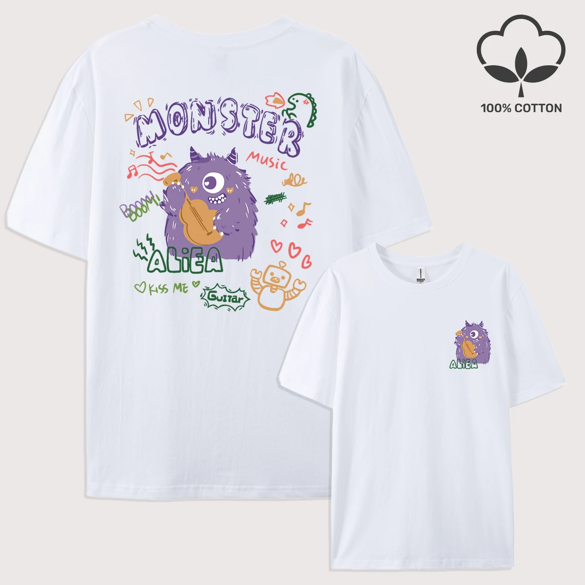 Purple Plush One-Eyed Monster Print Mens T-Shirt Soft Breathable T Shirts All-Match Cotton Top Loose Casual Short Sleeve
