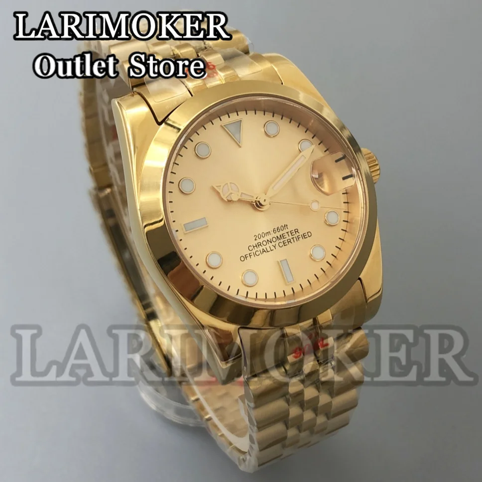 LARIMOKER Alle gouden coating kast 36 mm 39 mm Luxe automatisch herenhorloge Roestvrij staal NH35 Miyota 8215 PT5000 beweging