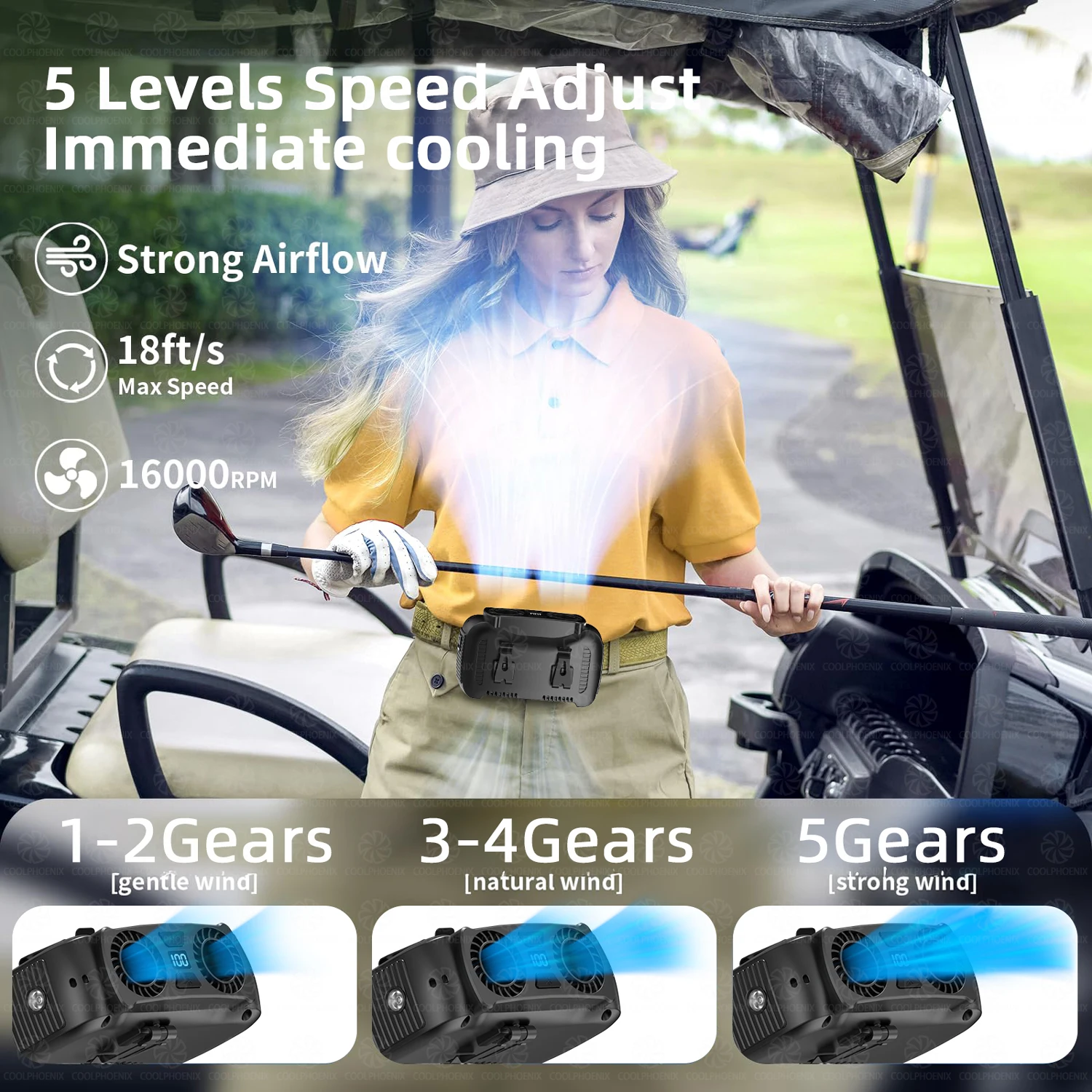 مروحة خصر محمولة خارجية بقدرة 15000 مللي أمبير في الساعة، مروحة رقبة معلقة، رياح قوية مع بنك طاقة، إضاءة LED للعمل في الهواء الطلق
