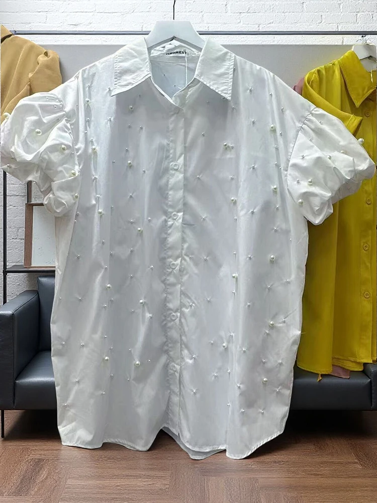 

Solid Slimming Spliced Preal Blouse for Women Lapel Short Sleeves Patchwork Single Breasted Fashion Top Female Clothing