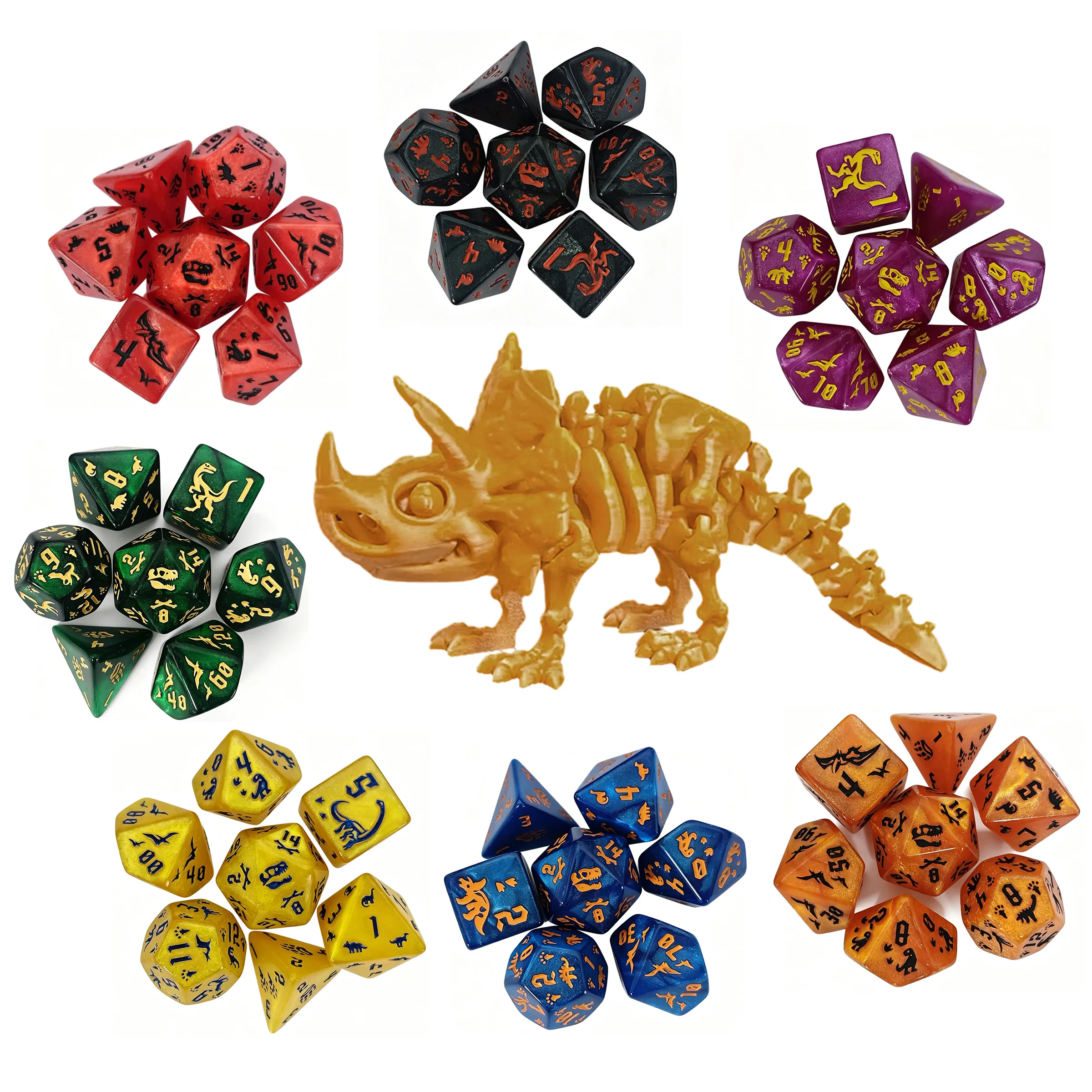 7 Sets Dinosaur Theme Dice + One Dragons Toy DND RPG MTG Dice Games Toys Multi-Color Dice Set for Dungeons Dragons Game Dice