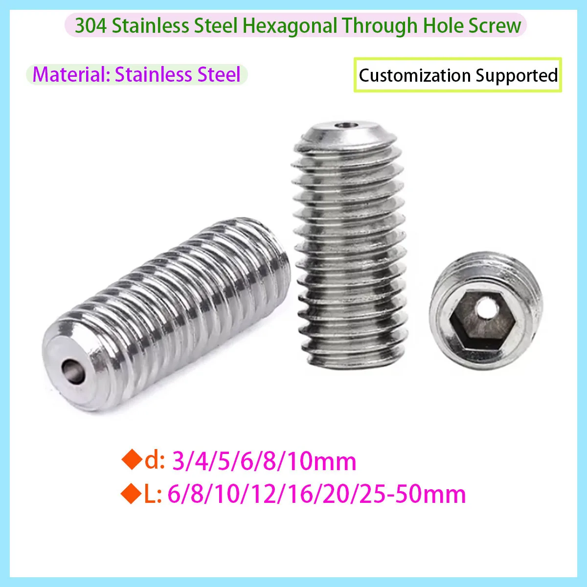 304 Stainless Steel Hollow Through-hole Hexagonal Flat Head Bolt Screw M3M4M5M6M8M10M12M14M16