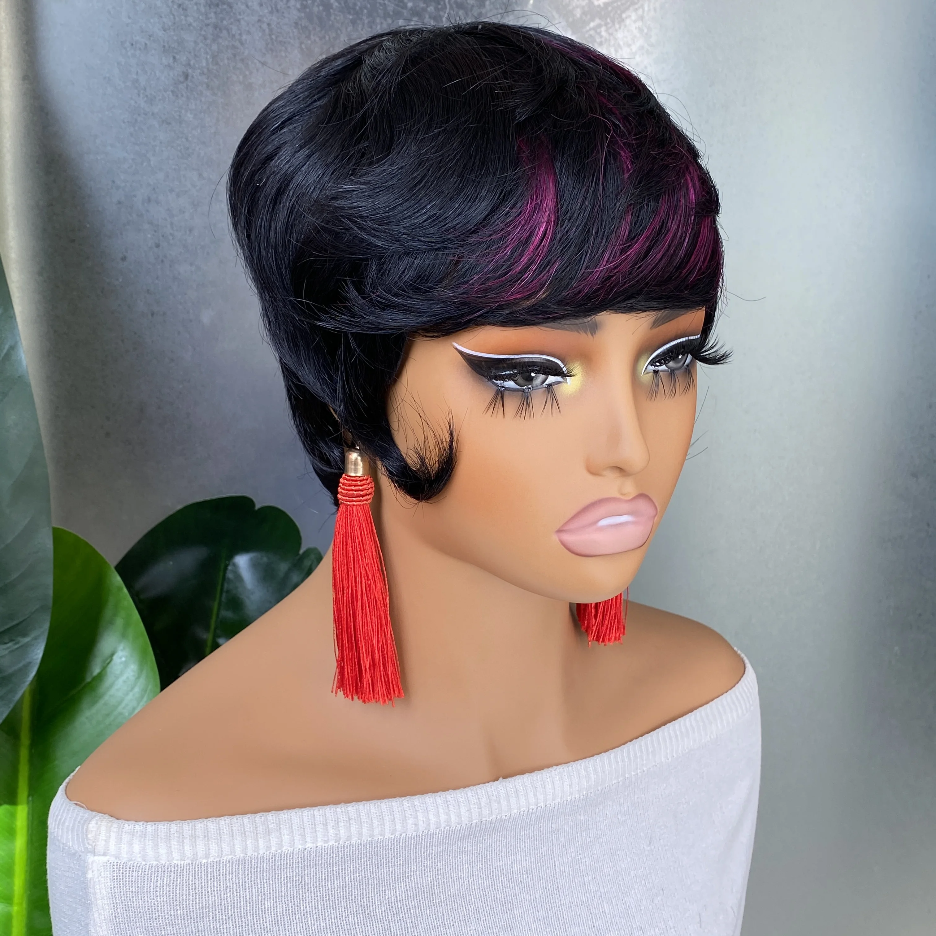 Remy Human Hair 1b Purple Short Wavy Pixie Cut Style Machine Make Wig