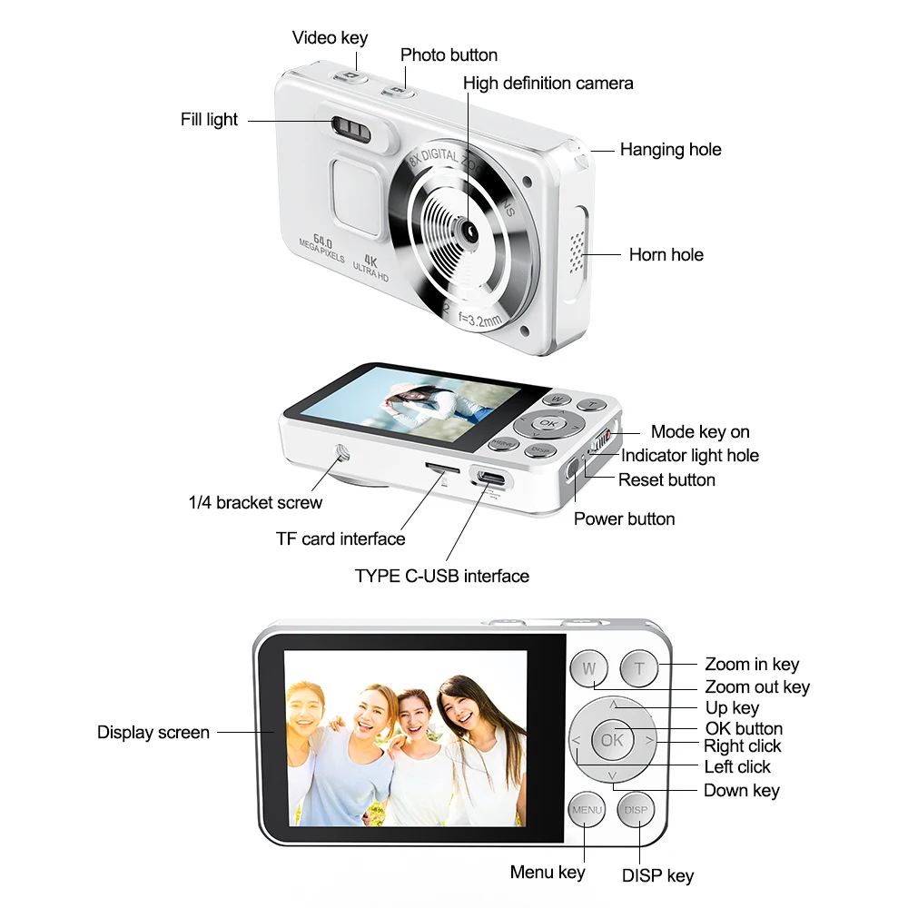 Yaergor A56 4K 30FPS Digital HD Camera Fill Light Type-C 2000mAh Long Battery Life Multi Filter Camcorder for Children Gift