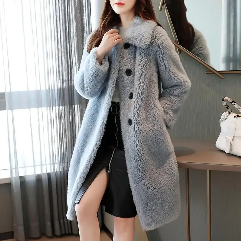 Winter New Women Faux Fur Coat Simple Thicken Warm Lapel Lamb Wool Outwear Mid Length Version Loose Fashion Casual Parkas 2023