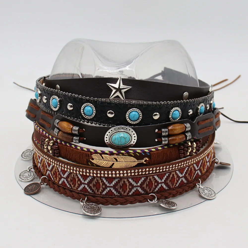 Cowboy Strohoed Franse Hoge Hoed Accessoires Kleine Riem Gesp Stierenkop Decoratie Literaire Retro Creatieve Speciale Hoedring Band