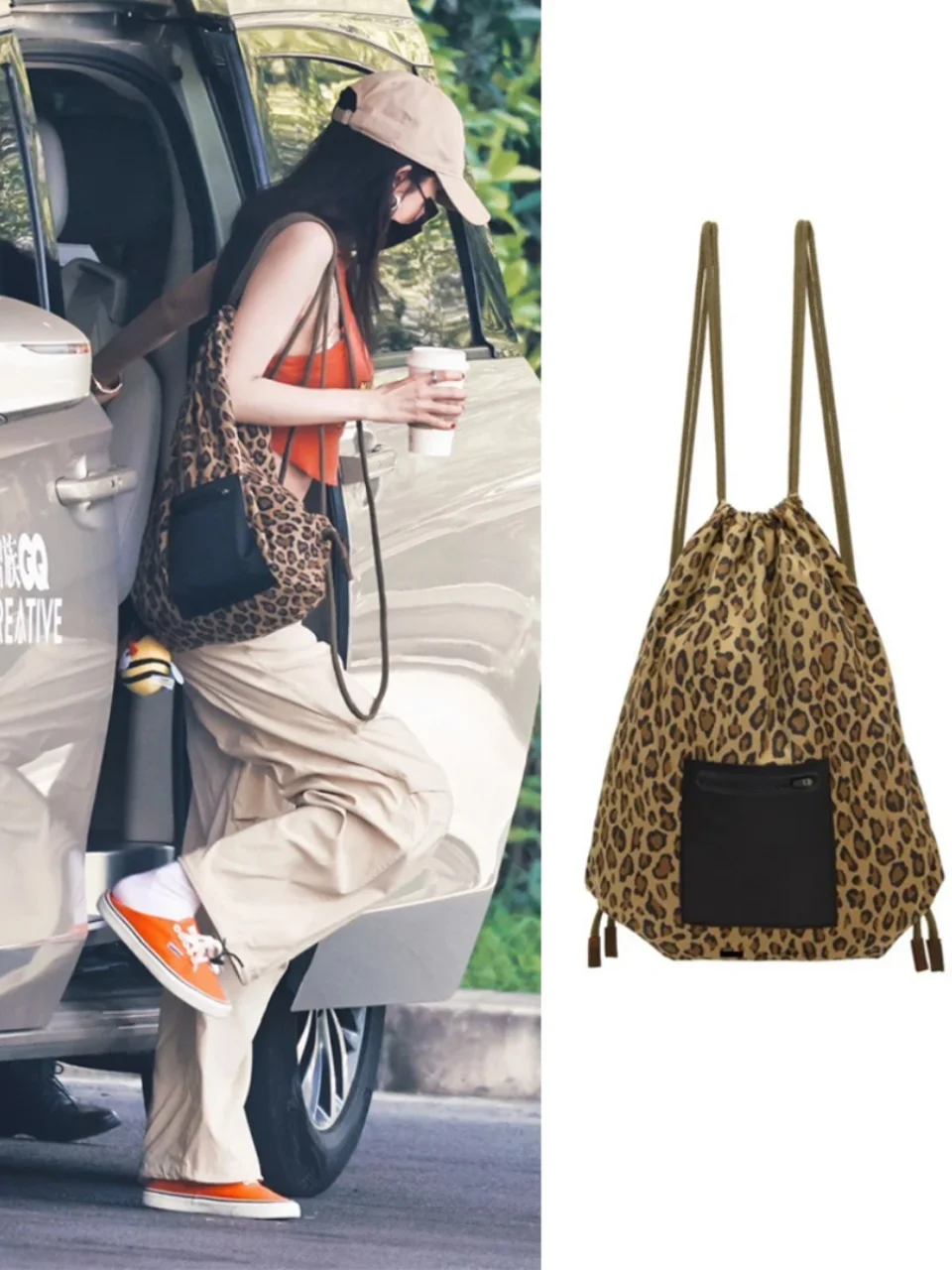 Lightweight Simple Leopard Print Backpack Drawstring Dual Shoulder Bag Unisex Casual Style Nylon Material Bucket Shape Backpack