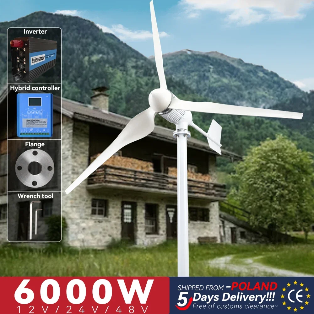 

6000w 6KW Wind Turbine 4000W Generator Axis Windmill Energy Sources 12v 24v 48v 3Blades Mppt Charge Controller Off Grid Inverter