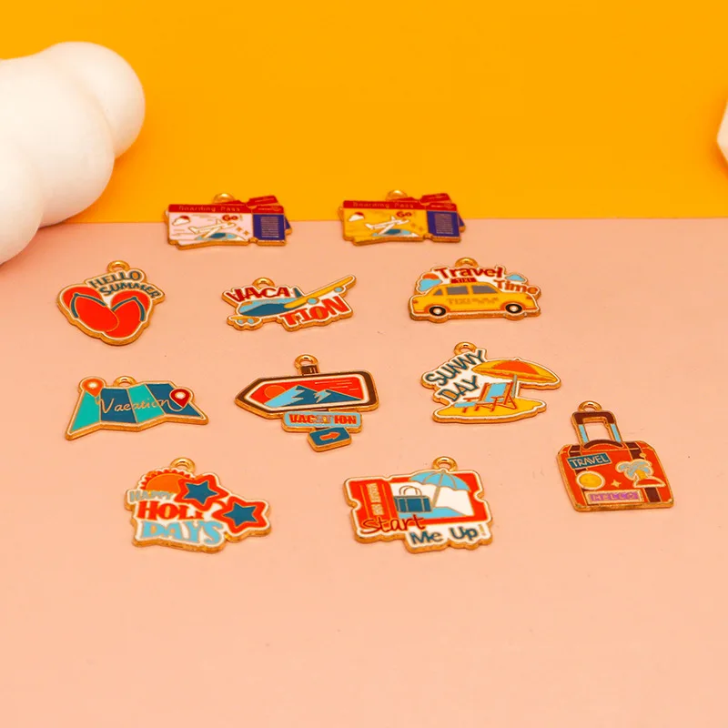 10pcs Travel Theme Enamel Charms Alloy Beach Air Ticket Plane Map Pendants for DIY Earring Bracelet Necklace Jewelry Accessory