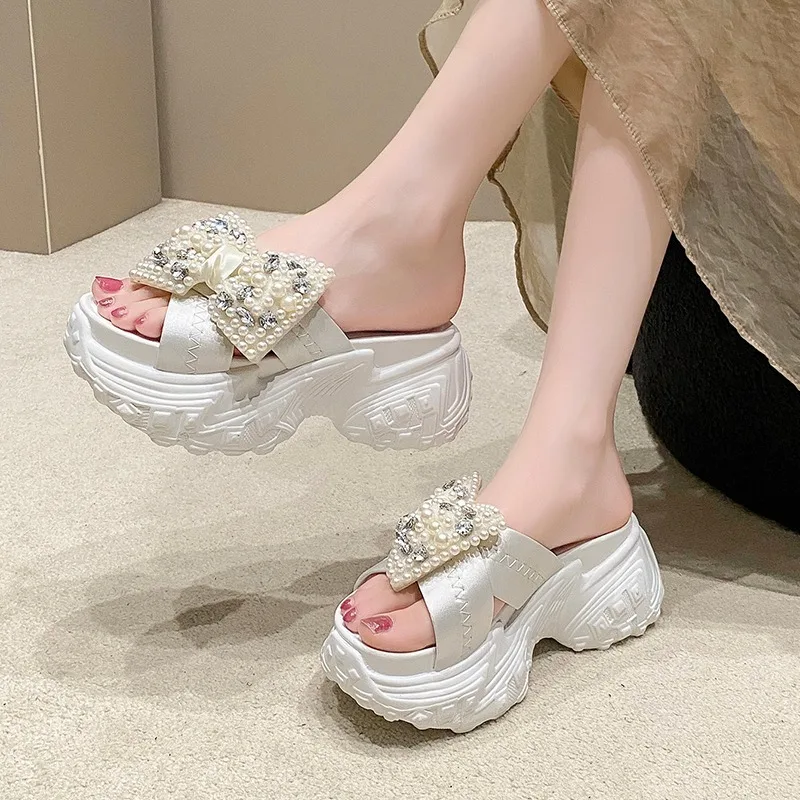 8cm Shiny Rhinestone High Platform Slippers Women Butterfiy-Knot Heels Chunky Sandals Woman Summer Thick Bottom Wedges Slides