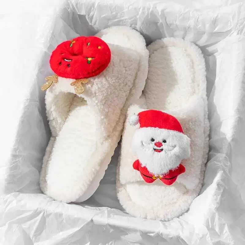 

Home Slippers INS Style Santa Claus Slippers Christmas Indoor Household Open Toe Cotton Fuzzy Slippers Reindeer Fluffy Slippers