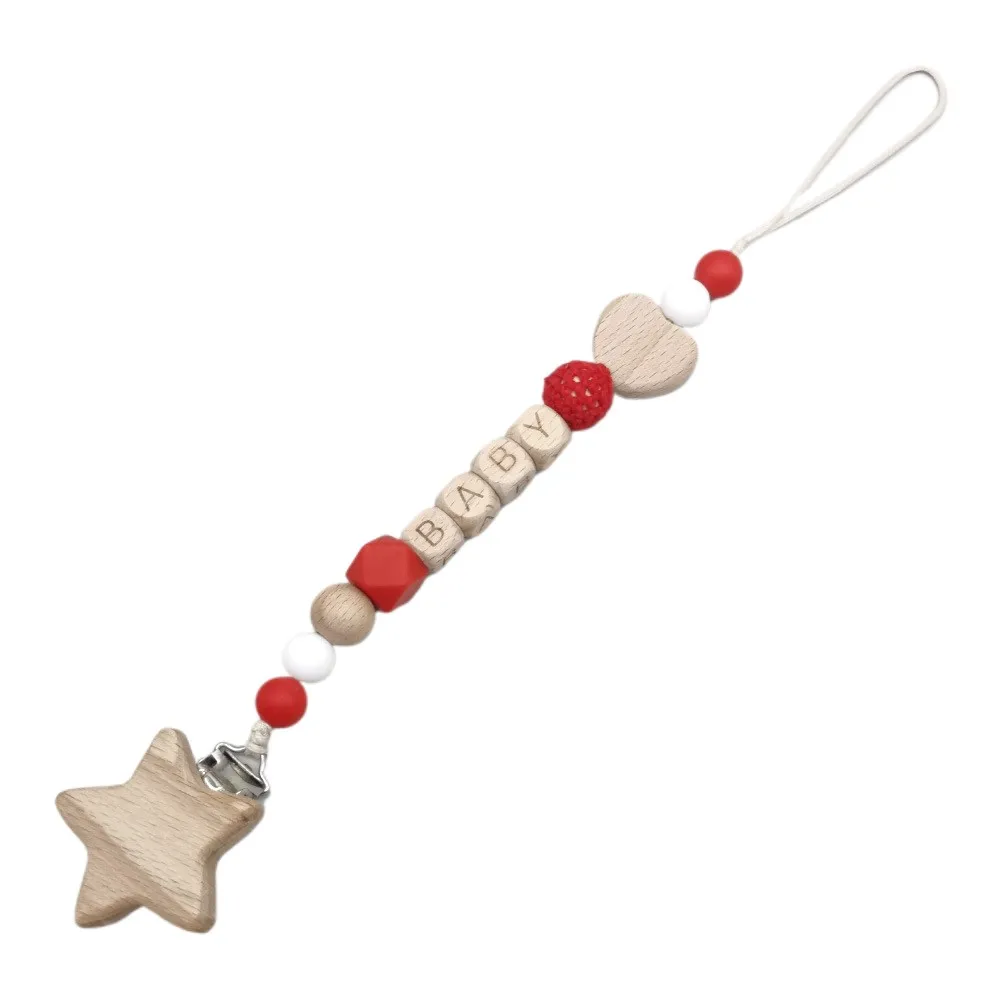 Star Customized Baby Pacifier Clip Chain Personalized Name Silicone & Wood Beads, Baby Anti-Lost Soother Holder