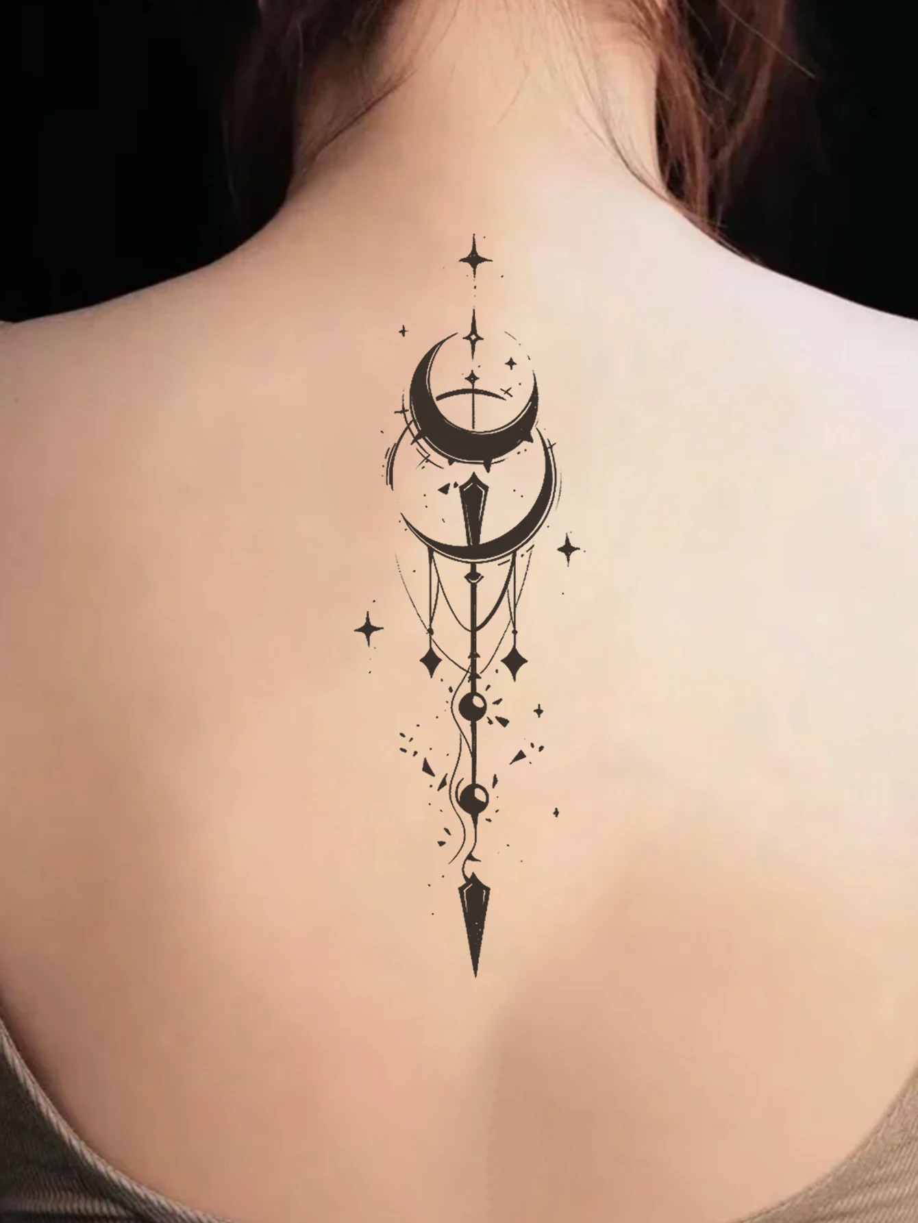 Moon spine back waterproof temporary tattoo sticker, lasts 1-2 weeks, realistic semi-permanent fake tattoo