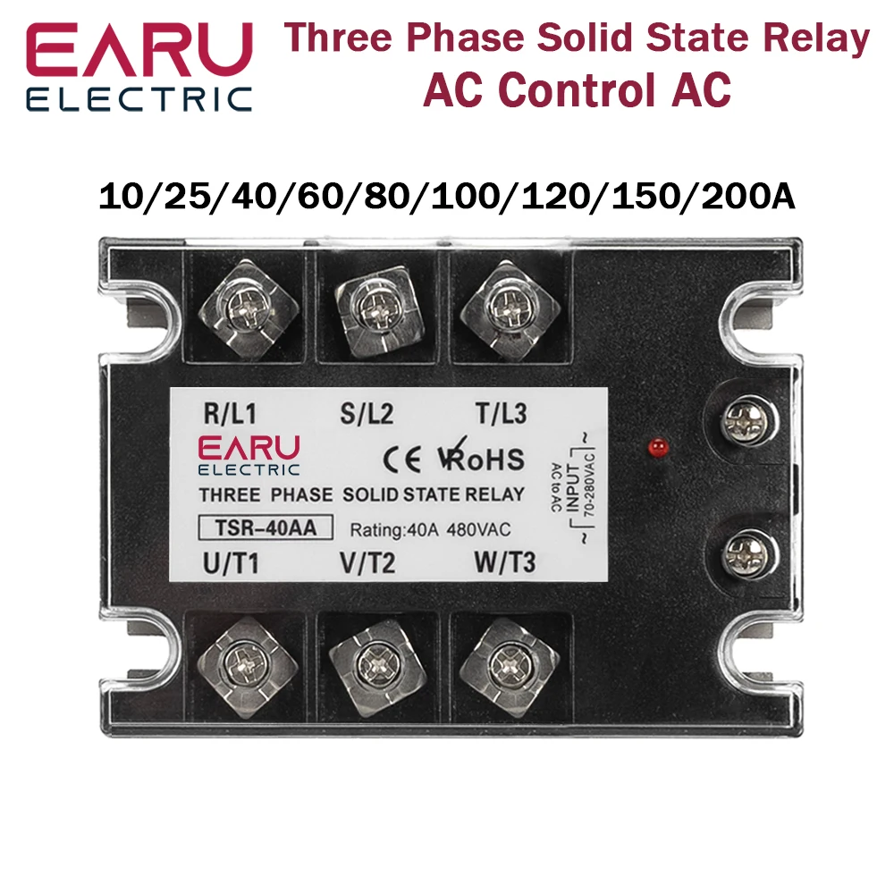Three Phase AC Control AC Solid State Relay Module SSR 10A 25A 40A 60A 80A 100A 120A 200A SSR 70-280VAC to 24-480VAC Heat Sink