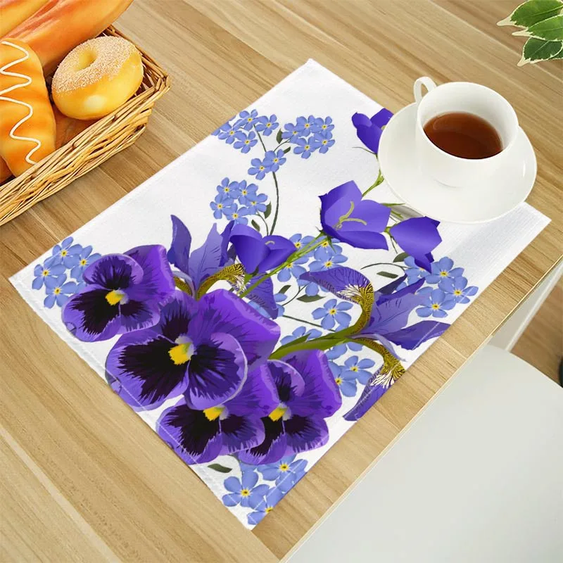 Pansy Print Linen Dining Table Mats Alphabet Kitchen Placemat 30X40cm Coasters Pads Bowl Cup Mat