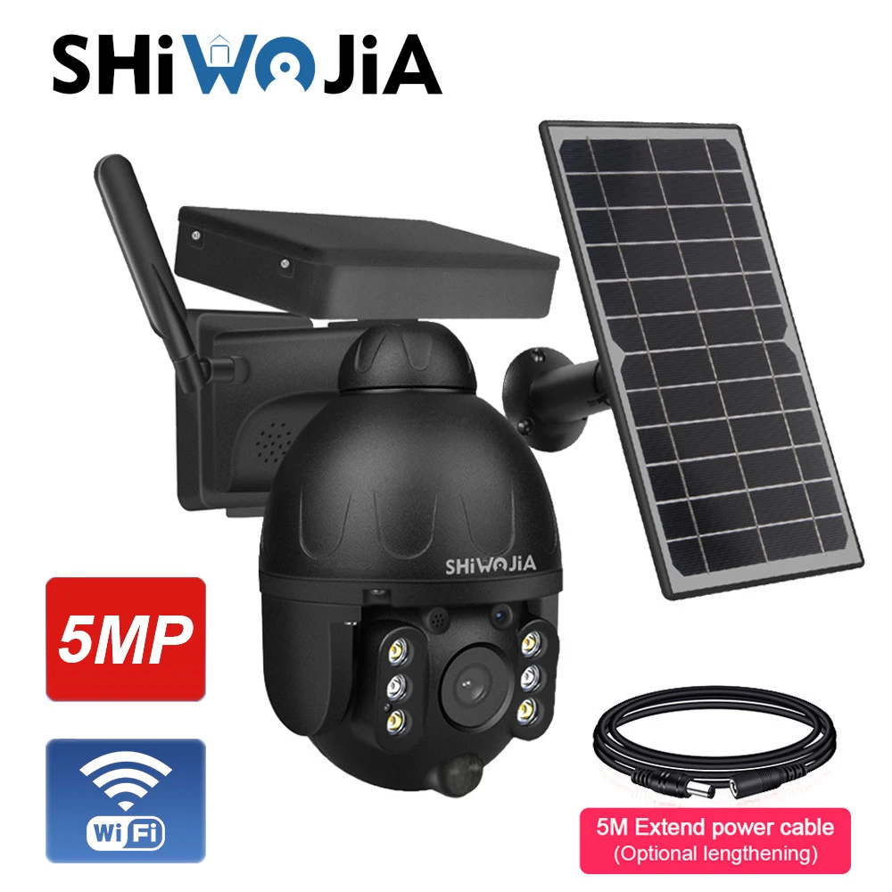 SHIWOJIA Solar Camera 5MP Wifi Outdoor Wireless 4X Zoom 7.8W Solar Panles Surveillance Battery Camera Black Security 360 CCTV