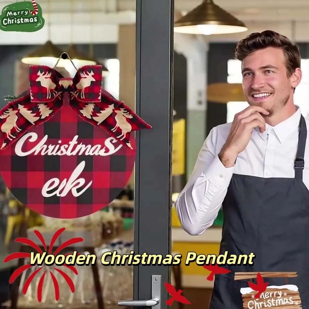 

Elk Wooden Christmas Pendant Handmade Santa Claus Door Hanging Ornaments Tree Round Christmas Door Decoration Party Supplies