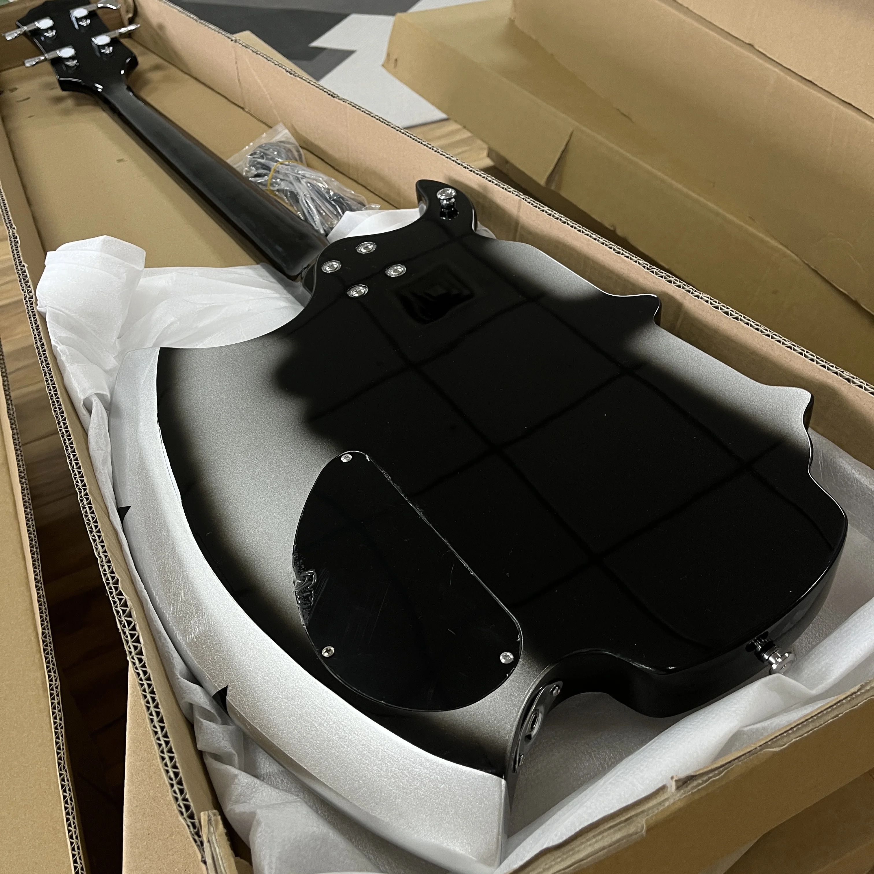 Electric Bass Guitar Axe 4 String Black Silver Gradient Finish Chrome Hardware US Warehouse Axe Shape Metal Bass Instrument with Two Single Pickups Christmas Gift Free Shipping