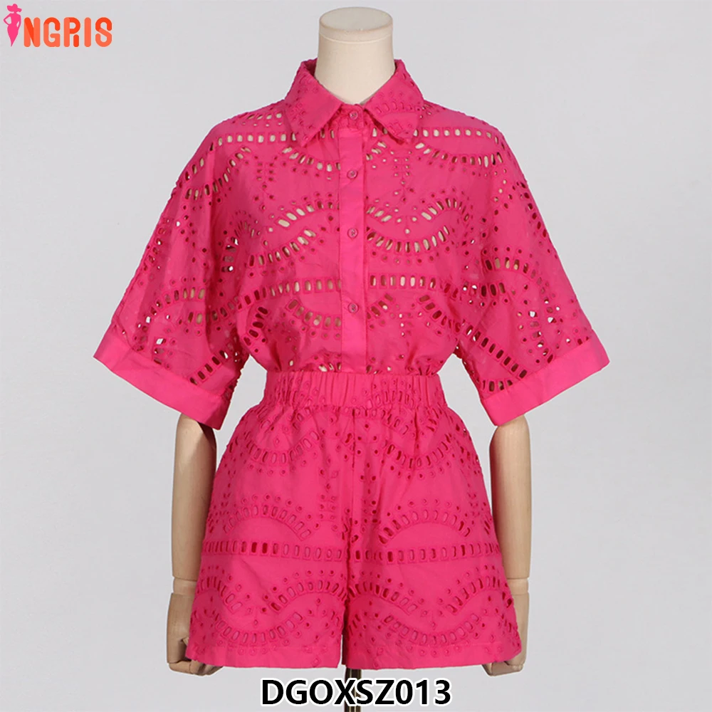 

European and American spring and summer solid color shirt collar loose embroidery hollow oversized shirt-DGOXSZ013
