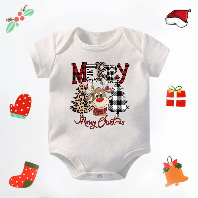 Cute Christmas Reindeer Printed Romper Retro Christmas Jumpsuit Festive Holiday Toddler T-Shirt Rompers Xmas Outfits