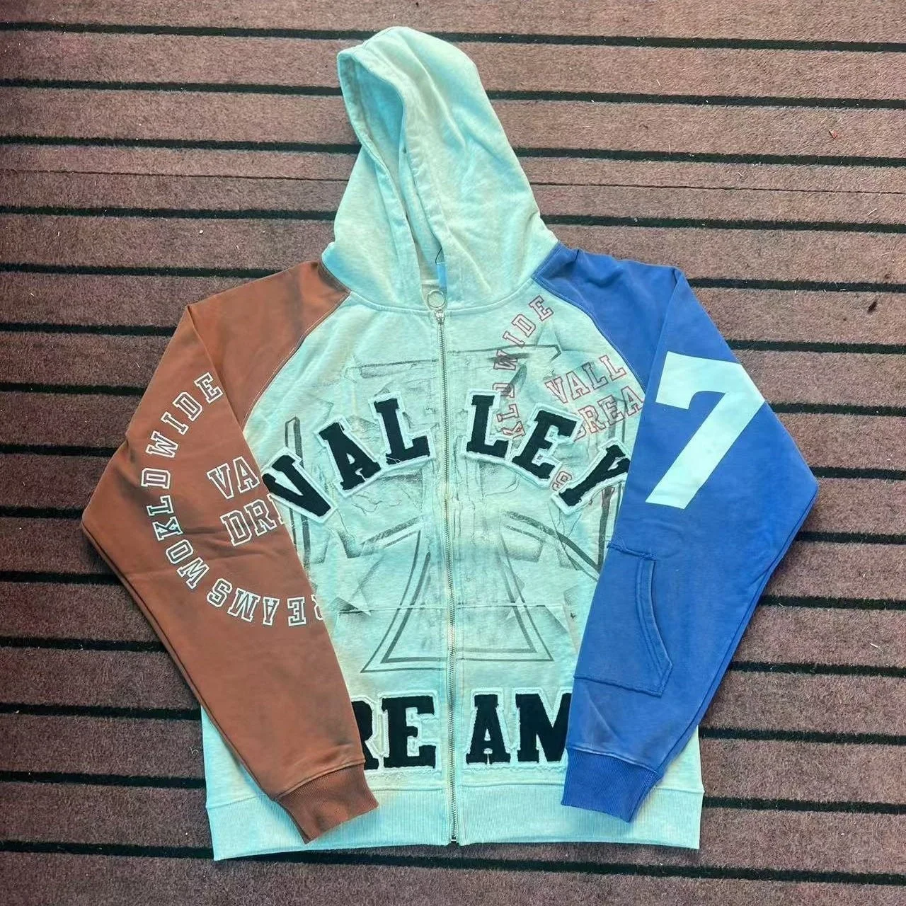 vale valley Meichao loose cardigan hooded sweater men and women retro splicing letter embroidered zipper jacket