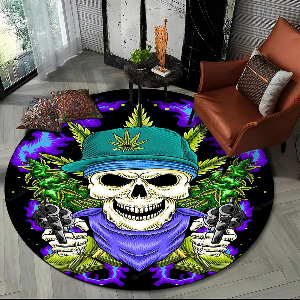 3D Smoke Maple Weed Plants Green Death Skull Round Carpet Rug for Living Room Bedroom Kids Decor,Pet Area Rug Non-slip Floor Mat