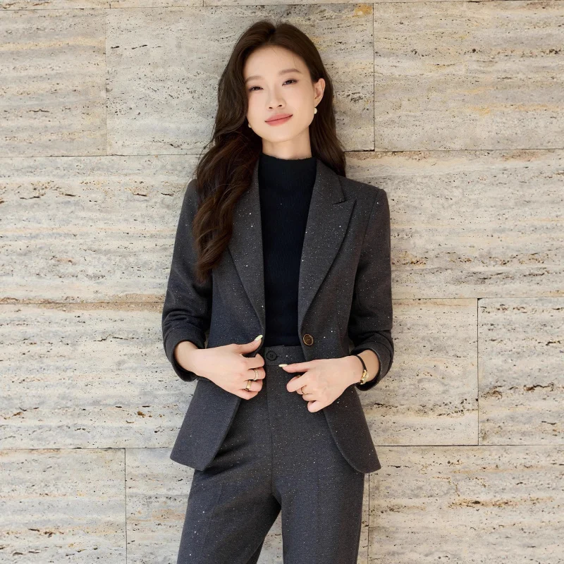 High-end woolen blazer for women, autumn and winter elegant formal wear, navy blue suit, civil service interview workwear