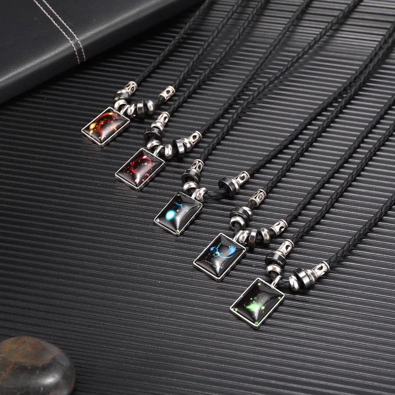 New 12 Constellation Luminous Leather Necklace for Men Zodiac Necklace Pendant Men Women Gifts