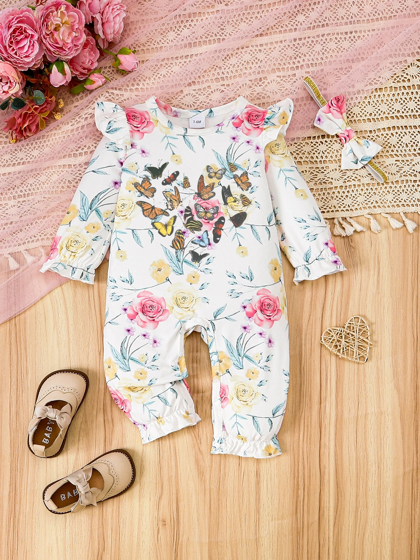 Spring Autumn Baby Girl Floral Romper Breathable Sweat Absorbent Snap Design Convenient Pure Cotton Gentle Refreshing Cute