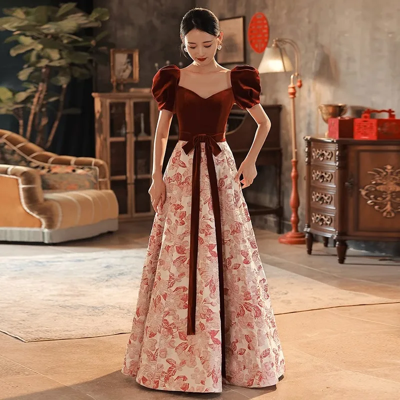 Yourqipao Wine Red Bride's Toast Dress Chinese Princess Cheongsams Engagement China Wedding Reception Evening Dresses For Women