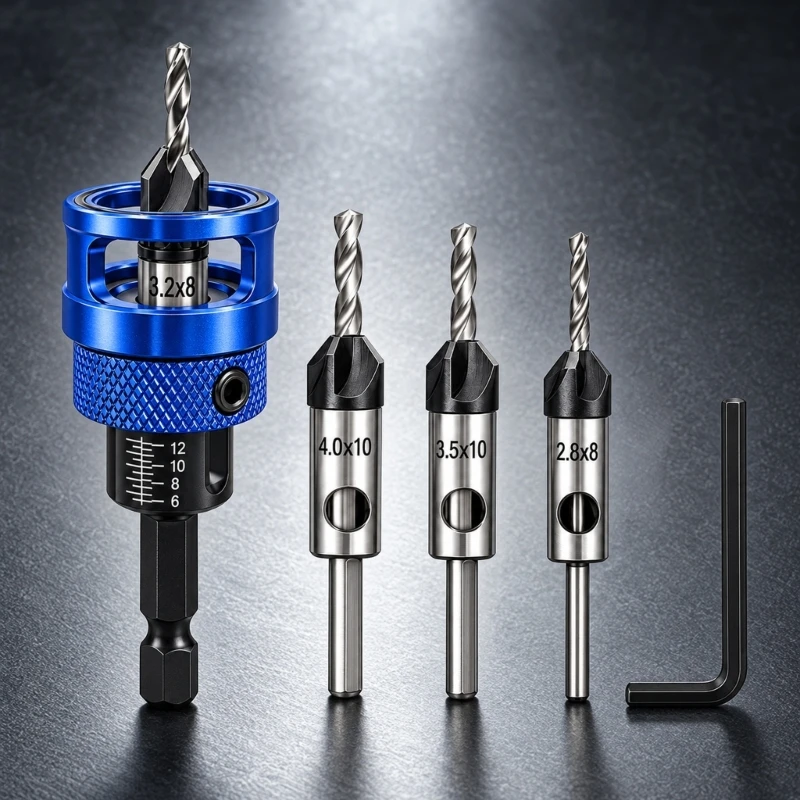 Adjustable Depth Stop Countersink Drill Bit Set with Four Flute Metal Bits for Pilot Holes and Recessed Screws in M4YD