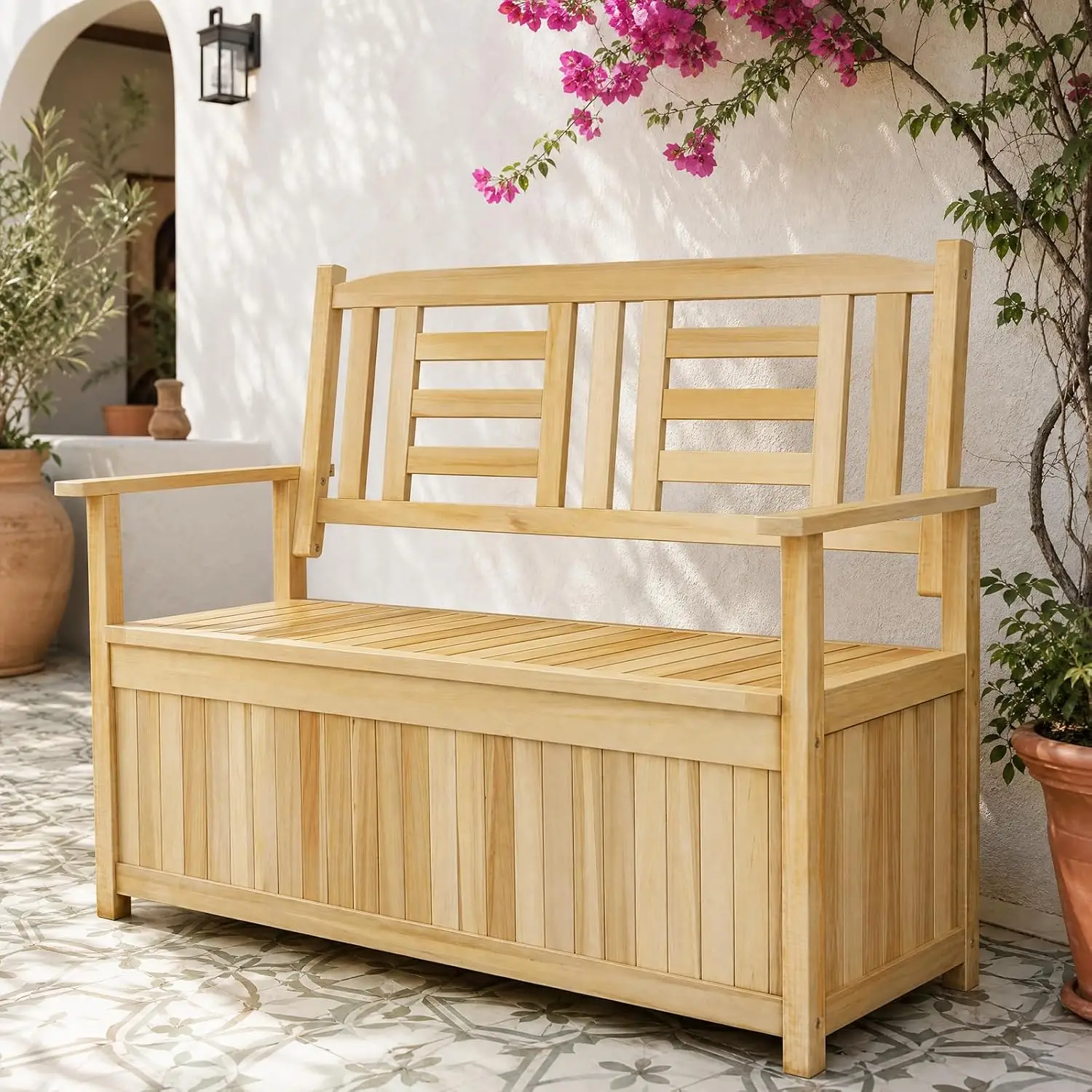 Outdoor Wood Storage Bench, 49 Gallon Deck Box with Seating