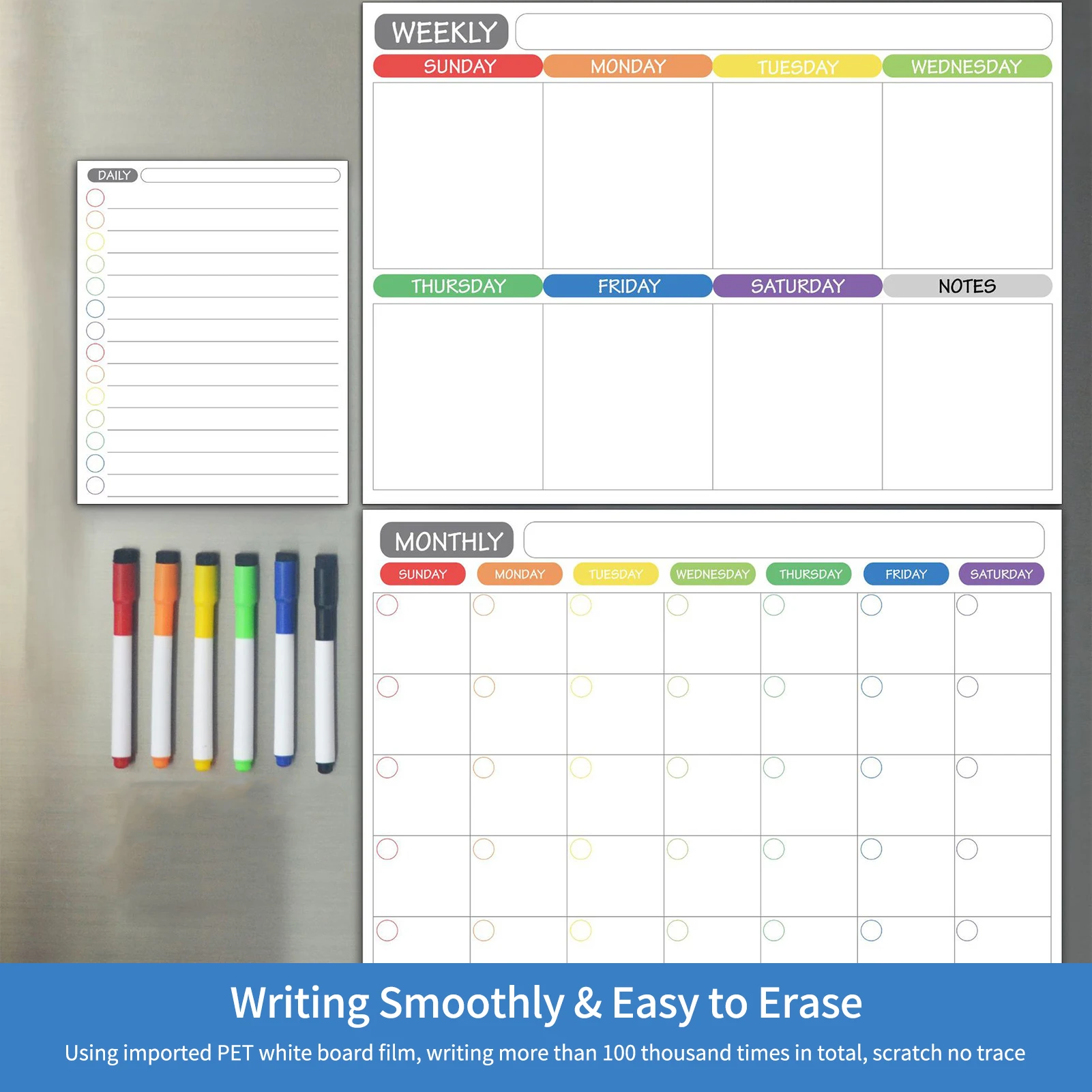 Magnetic Dry Erase Calendar Whiteboard Fridge Magnet Flexible Daily Message Stickers with 5 Board Pen 1 Eraser