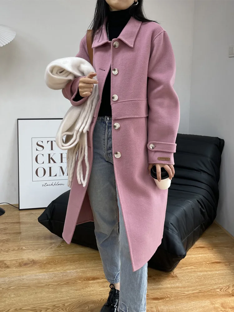 New Women Double-sided Wool Cashmere Coat Casual Loose Laepl Single Breasted Long Woolen Coats Female Fashion Fit Autumn Winter