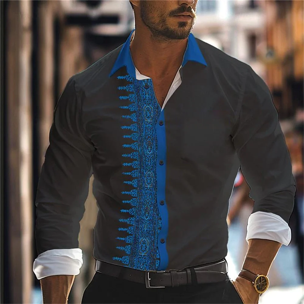 2024 New men's abstract 3D printed long sleeved shirt with lapel buttons, fashionable men's street comfortable clothing