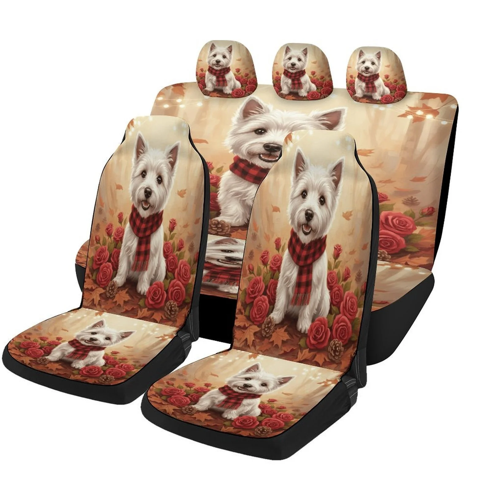 Autumn Westie Portrait Themed Car Seat Cover Set - Trendy High-Quality Polyester Full Set For 2 Front & Rear Seats, Ideal For Al