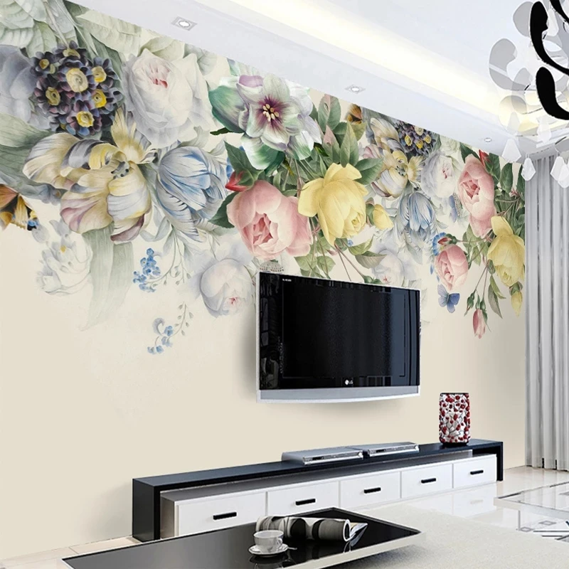 Customized products Mural Wallpaper European Style Floral Living Room TV Backdrop Photo Wall Paper Hand Painted Rose Flower Art