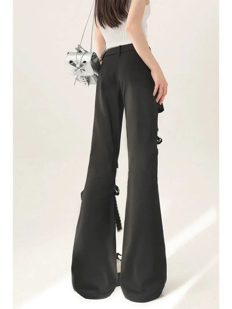 Kawaii Bow Black Hollow Out Loose Summer Pants Women American Wide Leg Sweet Preppy Style Y2k Flare Pant Hole Ankle Length