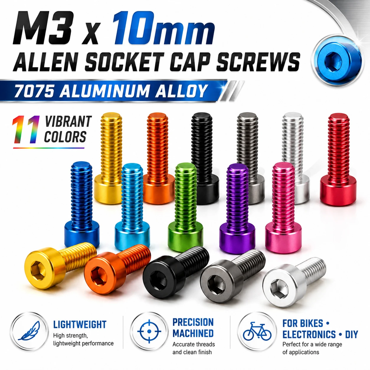 5-20Pcs 7075 Alloy M3x10mm Hex Socket Cap Screws, Vibrant Colors Allen Head Bolts Machine Screws Fastener Hardware Set