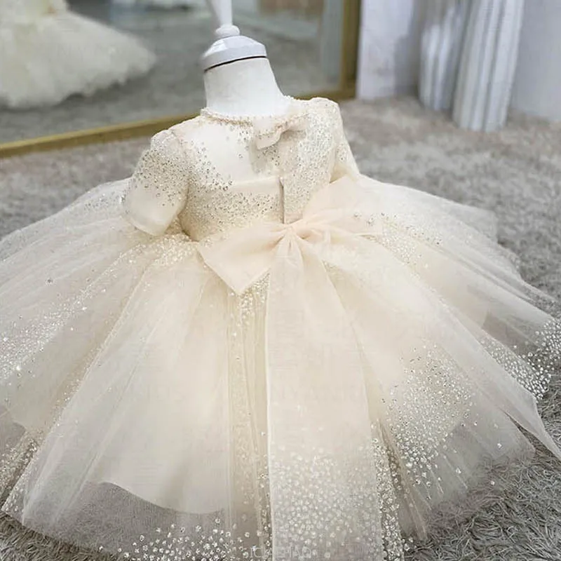 2025 Children Girl Beading Plain Bowknot Tulle Ball Gowns Princess Dress for Young Girls Infant Kids Elegant Party Dress Frocks